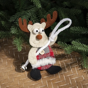 Handmade reindeer plush ornament with red plaid dress and silver bell for Christmas tree