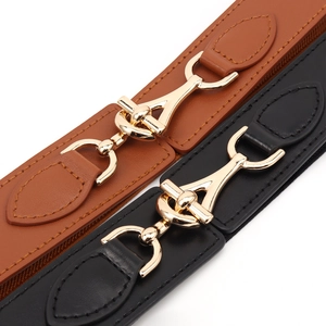 Women's elastic waist belts in black and brown faux leather with gold metal buckles