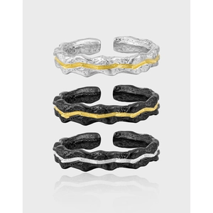 925 Sterling Silver Open Ring For Women Retro Irregular Texture Adjustable Two Tone Plated Cool Minimalist Fashion Jewelry