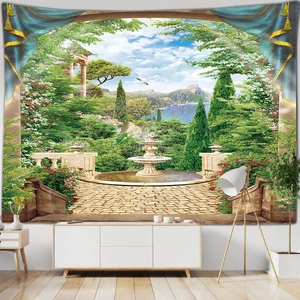 Macro detail of landscape tapestry showing fountain garden scene and blue curtain border