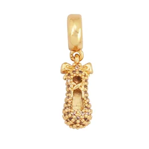 Detailed dimensions of gold ballet shoe pendant with micro-pave crystals and beadwork
