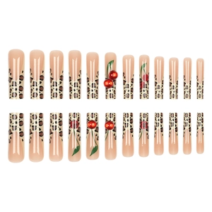 Extra long nude coffin press-on nails with French leopard print and cherry 3D accents