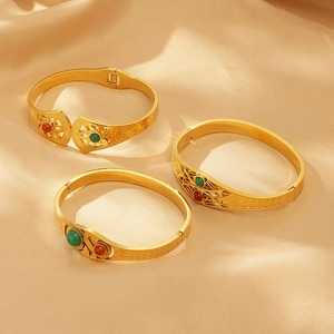 Vintage Hollow Carved Cuff Bracelet Stainless Steel Gold Plated Red Green Stones Geometric Ethnic Jewelry For Women