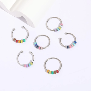Rainbow enamel silver-plated adjustable open rings with colorful bead charms for women
