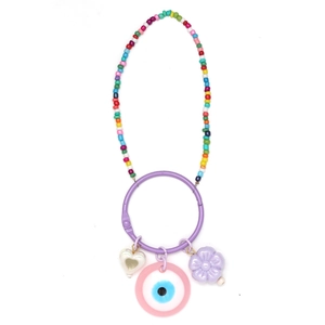 Colorful beaded keychain with purple flower and evil eye charm on white background