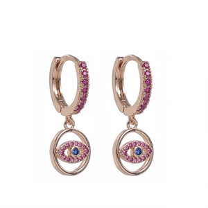 Rose gold Evil Eye drop earrings with pink micro-pave crystals and blue stone center