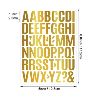 Detailed view of 1 inch gold metallic letter stickers with precise size measurements