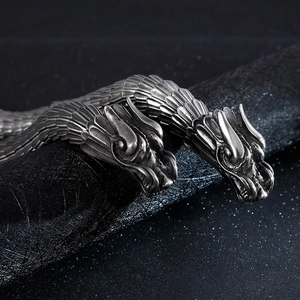 Macro shot of dual dragon heads and detailed scale pattern on titanium steel bracelet