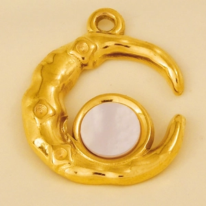 Detailed close-up of a 304 stainless steel gold moon pendant with white shell inlay