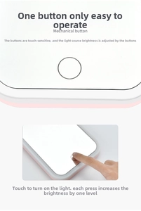 Detail of smart touch button on portable LED makeup mirror for brightness adjustment