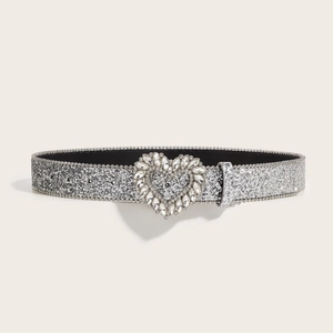 Silver glitter belt with heart rhinestone buckle for women fashion style