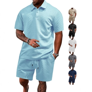 Men's summer waffle knit polo shirt and shorts set with classic collar in light blue color