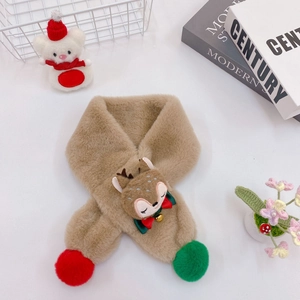 Detailed view of plush reindeer scarf with festive red and green pompoms for kids