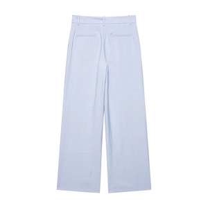 Light blue high waist wide leg pants with back pockets and minimalist cotton-linen texture