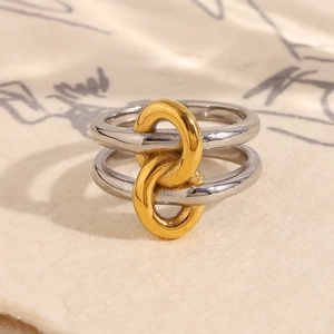 Two-tone stainless steel knot ring in silver and 18K gold featuring a double layer design
