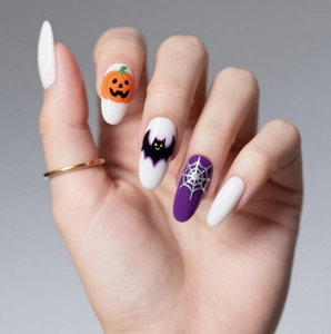 Halloween Press On Nails Long Almond False Nails ABS Plastic With Pumpkin Bat Spider Web Patterns For Women Festive Party