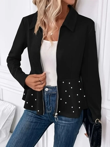 Elegant black zip-up jacket for women with pearl beading and peplum hem detailing