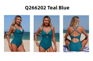 Teal one-piece swimsuit featuring V-neck twist, cutout detail and ruched slimming tummy control