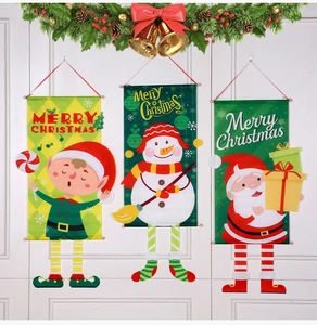 Detail of Christmas banners featuring Santa and Snowman with dangling legs for party decor
