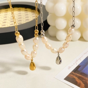Stainless Steel Necklace With Irregular Artificial Pearls And Water Drop Pendant Minimalist Elegant Jewelry For Women