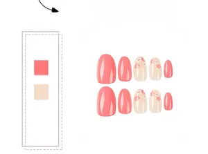 Detail of pink and white floral oval press-on nails with mixed sizes on white background