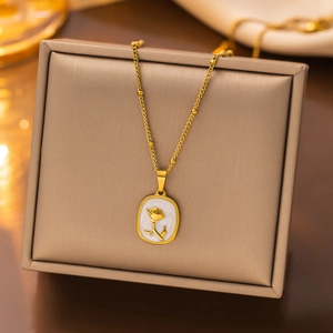 Rose Flower Oval Pendant Necklace Stainless Steel White Enamel Gold Plated Rhinestone French Vintage Elegant Jewelry For Women