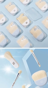 Close-up of portable makeup brush set with soft bristles in a blue storage case