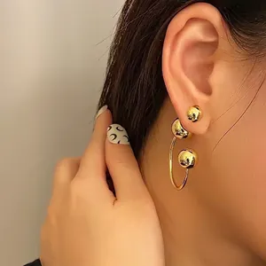 Minimalist Brass 18K Gold Plated Ball Stud Earrings For Women Geometric C Shaped Spherical Drop Earrings Jewelry Gift