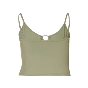 Detail view of the metal ring connection and straps on the back of the army green top