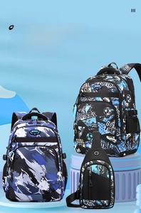 Detail view of blue football pattern backpack set with matching crossbody bag