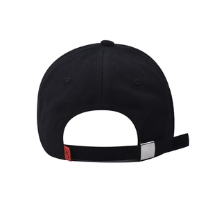 Detail view of black cotton baseball cap showing adjustable strap and silver metal buckle