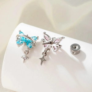 Butterfly stud earrings with blue and pink stones and cross star pendants