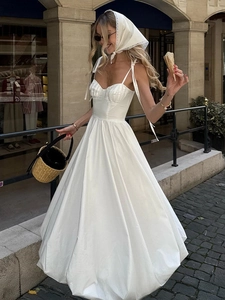 Robe Midi En Coton Blanc Avec Bretelles À Nœud Et Corsage Corset Grand Ourlet Plissé Rétro Français Pour Les Vacances D'été