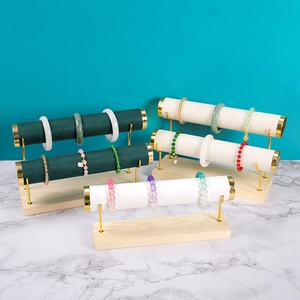Jewelry Display Stand With Wood Base Gold Metal Support Velvet Leather Cylinder For Bracelet Watch Hair Scrunchie Organizer