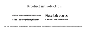 Detailed specifications chart for Nordic Christmas tree ornaments including plastic material info