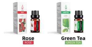Water-soluble 10ml rose and green tea essential oils in amber glass dropper bottles