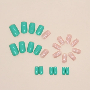 Faux ongles carrés vert et blanc marbré à motif de vagues pour femmes, longueur moyenne
