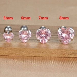 Pink heart-shaped titanium steel studs with colorful zircon in 5mm to 8mm sizes