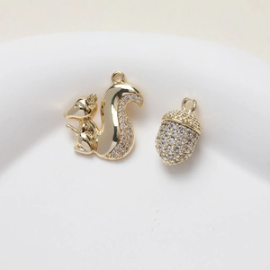 14K gold plated squirrel and acorn pendant charms with clear cubic zirconia for jewelry