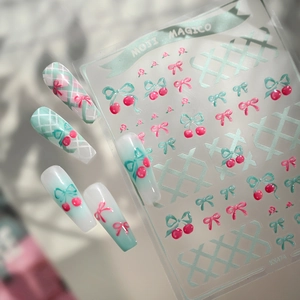 Cute bow and cherry nail art stickers set with mint green plaid pattern for girls