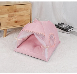 Pink floral pet tent with thick cushion and lace details for cozy home decoration