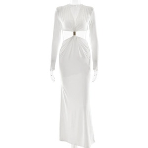 Elegant white long sleeve maxi dress with deep V-neck and cutout waist metal ring