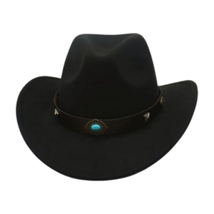 Gros plan d'un chapeau de cow-boy vintage en daim noir avec une bande de turquoise