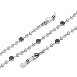 Silver hexagonal beads and white pearls sunglass chain with anti-slip silicone loops