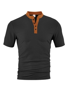 Detail of waffle knit fabric and contrast brown placket on men's grey Henley shirt