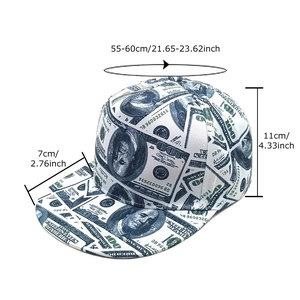 Flat brim baseball cap with dollar bill print for hip hop and outdoor sun protection
