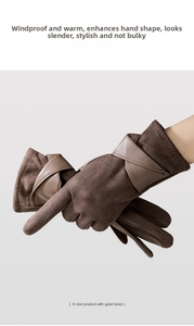 Détails de gants en suédine marron foncé avec sangles croisées et doublure thermique
