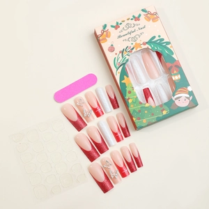 Christmas press on nails set with red glitter, snowflake art and bow decorations
