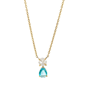 Titanium steel birthstone necklace with light blue teardrop pendant in 18K gold finish