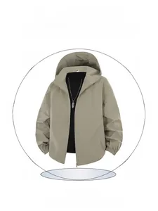 Detail of khaki hooded jacket with H-line cut and layered necklace styling detail